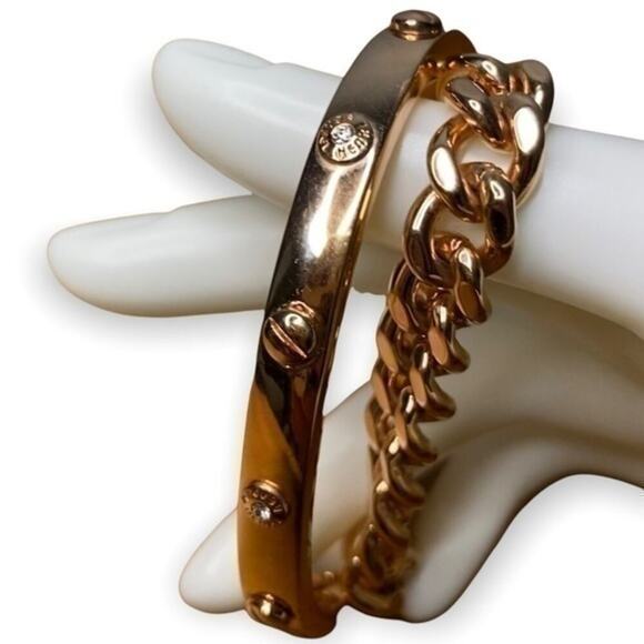 Henri Bendel The A-List Layered Rose Gold Riveted Swarovski Chain Cuff Bracelet - Picture 2 of 13
